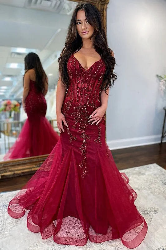 Best Deals Burgundy Mermaid Tulle Long Prom Dresses with Appliques