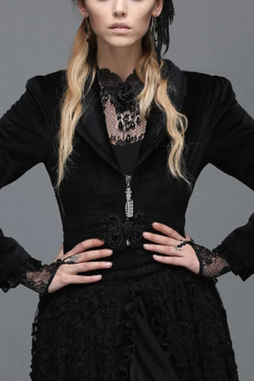 Exclusive Online Offer Black Lace Waist Woollen Womens Velvet Short Gothic Jacket With Tail