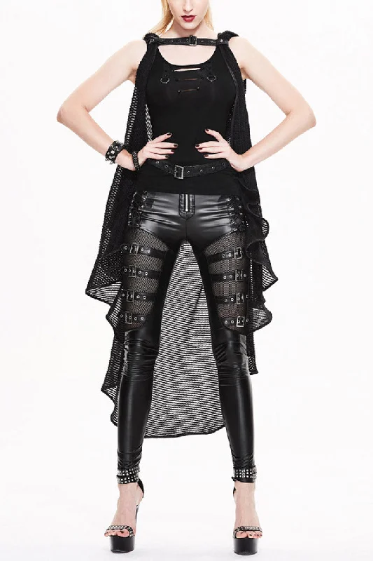 Weekend Deal Black Sleeveless Irregular Fishing Net Long Style Hooded Womens Gothic Shawl Coat