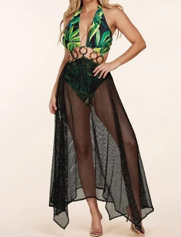 Time-Limited Offer Palm Leaf With Body Swimsuit Mesh Maxi Dress In Black & Green