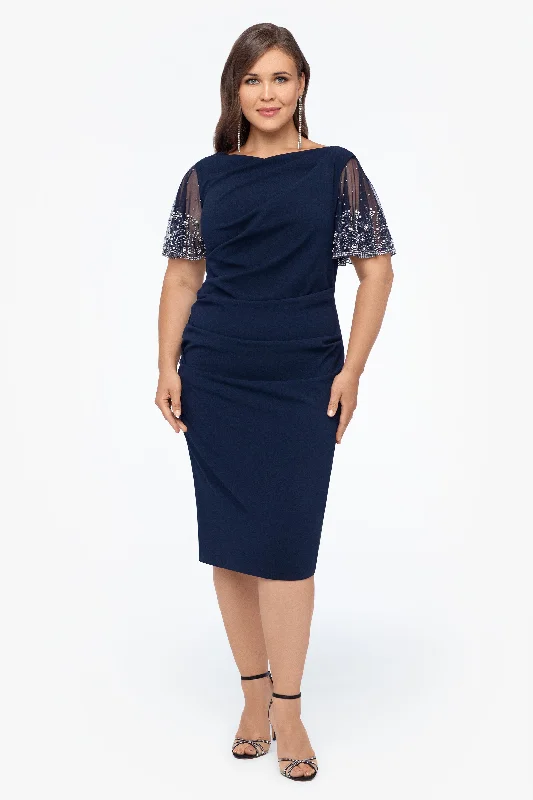 Final Markdown Plus "Emily" Short Scuba Crepe Beaded Sleeve Dress