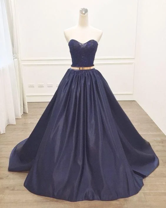 Low Prices dark navy strapless long A-line prom dress simple ball gown, BD1629