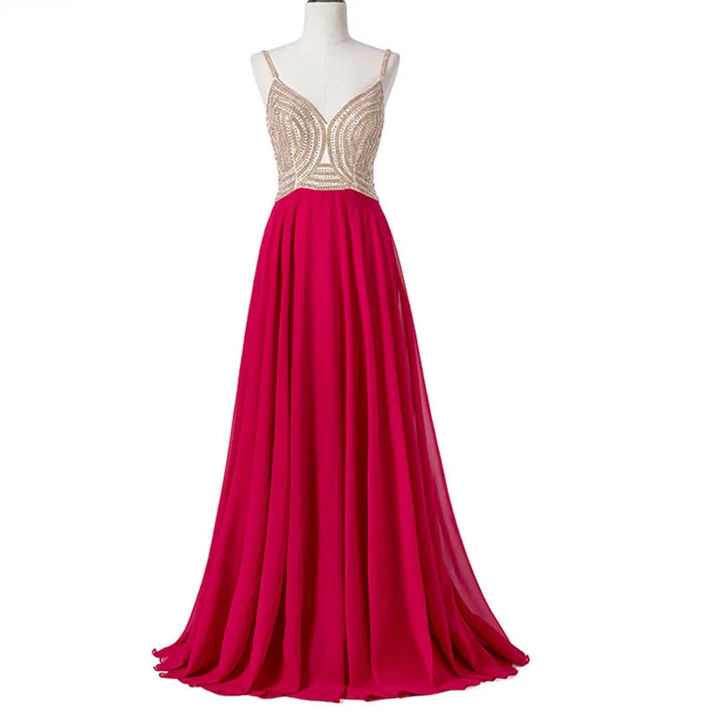 Overstock Red Long Beaded Prom Dresses with Straps A Line Chiffon Women Formal Evening Dresses 2018 Overstock Red Long Beaded Prom Dresses with Straps A Line Chiffon Women Formal Evening Dresses 2018