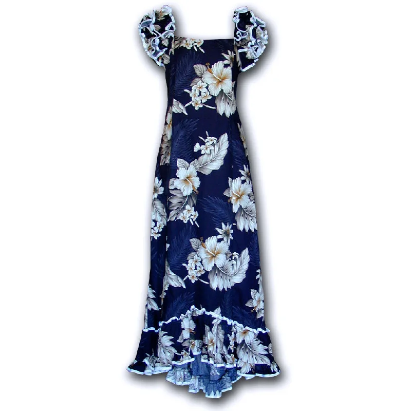 Friends and Family Sale Floral Garden Navy Ruffle Shoulder Muumuu