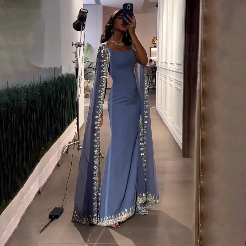 Bargain Prices Serene Hill Blue Cape Sleeves Luxury Evening Dresses Gowns 2024 Mermaid Beaded Elegant For Women Party LA72086