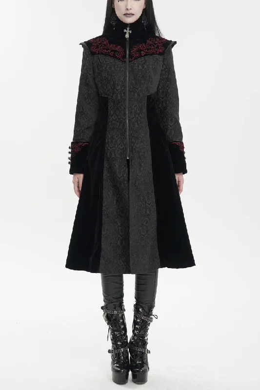 Stock Up and Save Black Jacquard Studded Mushroom Buckle Metal Cross Embroidered Women's Gothic Coat Stock Up and Save Black Jacquard Studded Mushroom Buckle Metal Cross Embroidered Women's Gothic Coat