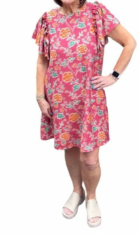 One-DAY Sale Flutter Sleeve Flower Print Dress In Pink