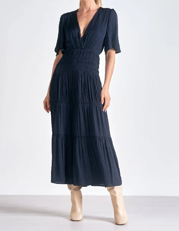 Super Sale V-Neck Tiered Maxi Short Sleeve Dress In Navy