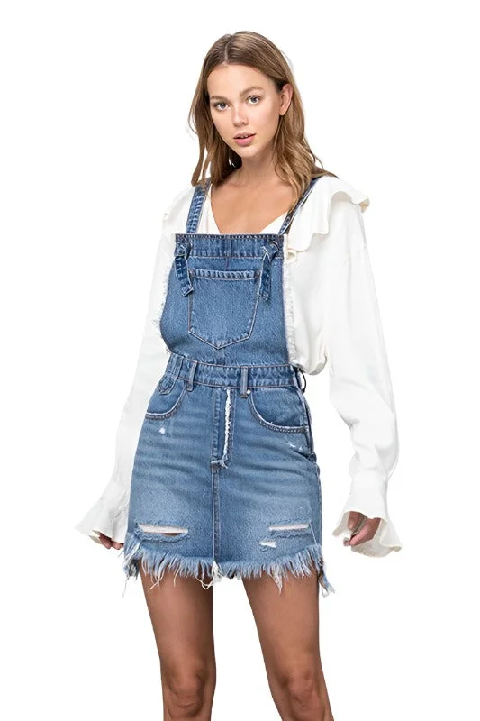 Steals and Deals Frayed Denim Overalls Dress