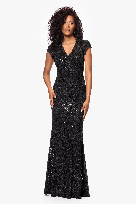 Special Savings "Penny" Long Sequin Cap Sleeve V-Neck Dress