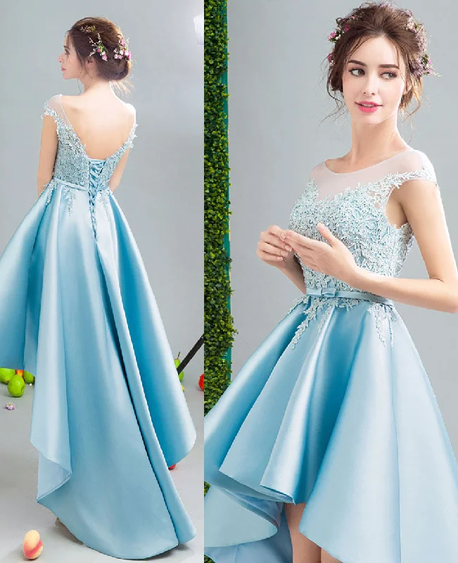 Price Drop Alert Lovely Custom made high low dresses blue Girls Lace Prom Party Gown