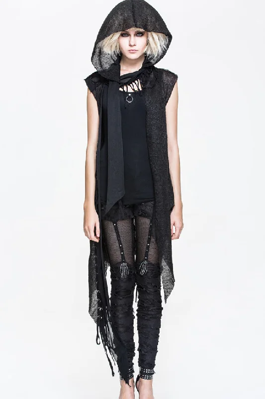 Final Markdown Black Asymmetrical Hole Wool Knit Women's Punk Hooded Shawl