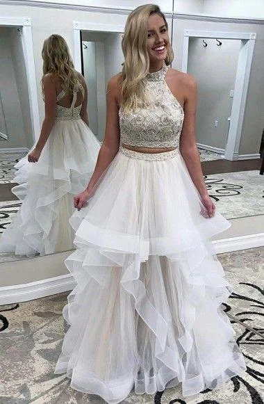 Referral Discount two pieces halter beaded top white long prom dress, PD4154