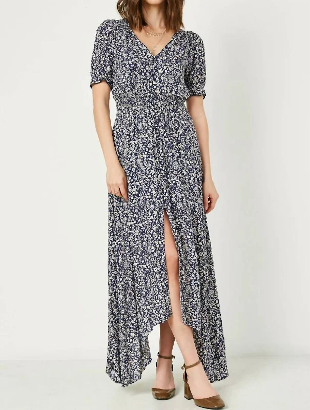 Extra Savings Floral Ruched Waist Maxi Dress In Navy
