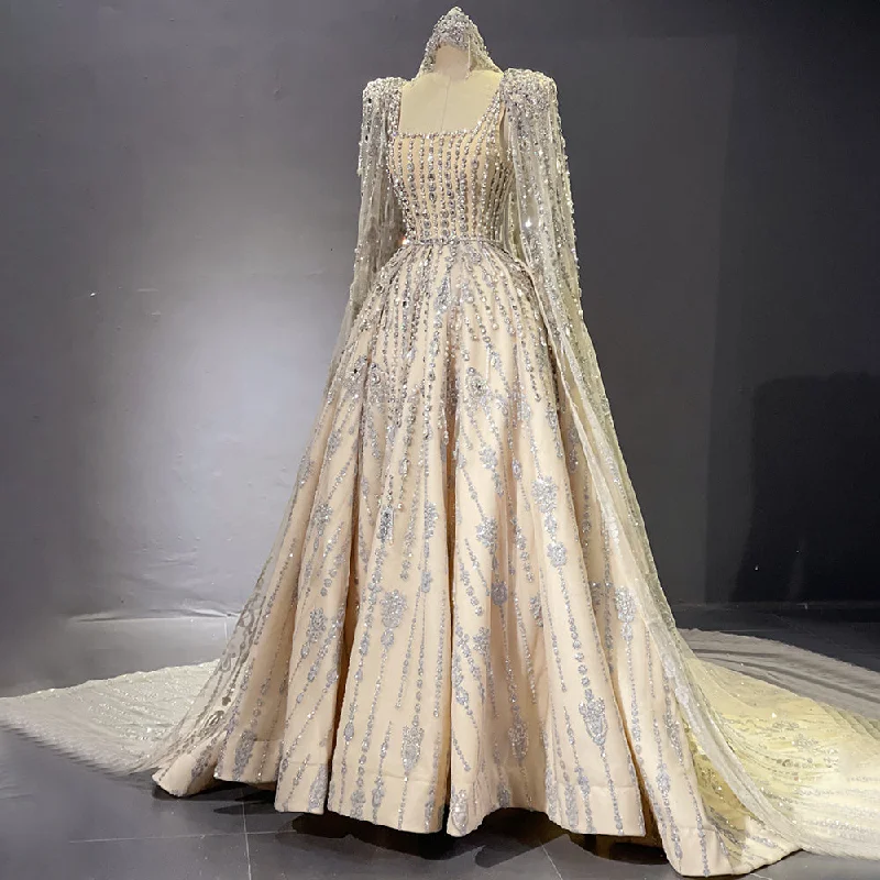 Epic Deals Serene Hill Nude Luxury A-Line  Evening Dresses Gowns 2024 Beaded Cape Sleeves For Women Party LA71614