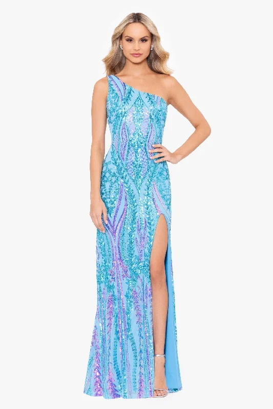 Bonus Savings "Terri" Long Placement Sequin One Shoulder Dress