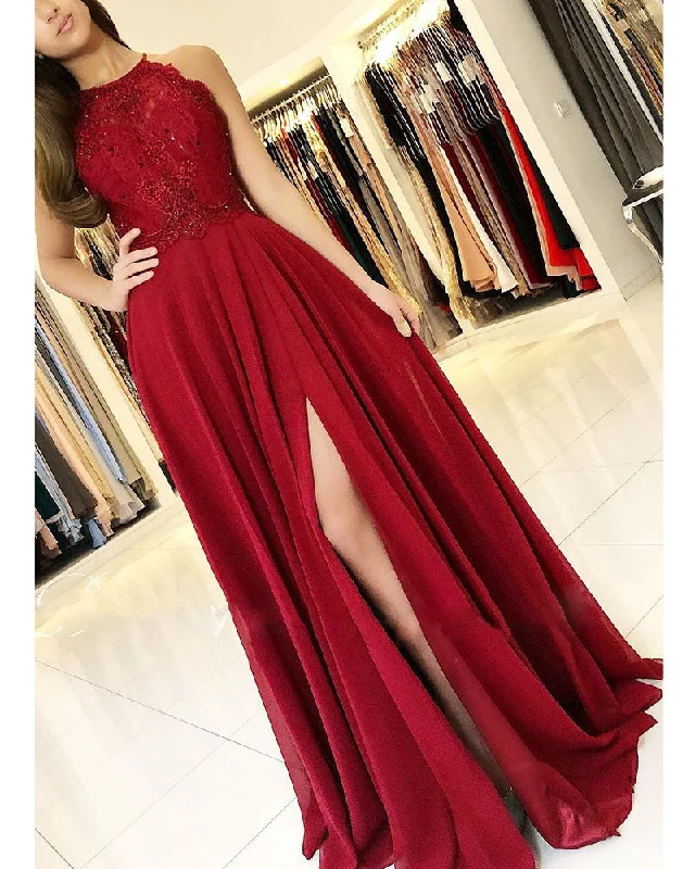 Lowest Price Halter Party Dress 2019 Long Prom Dress Lace with Slit PL650