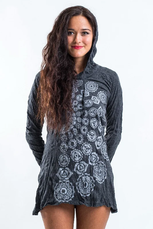 Steals and Deals Sure Design Women's Chakra Fractal Hoodie Dress Silver on Black