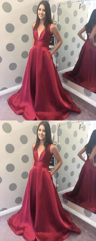 Stock Up and Save burgundy v-neck satin long simple prom dress, PD5899