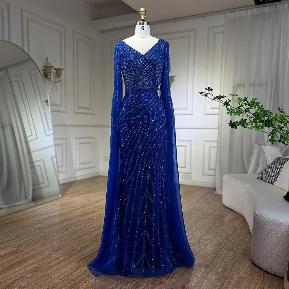 Today’s Special Serene Hill Arabic Mermaid Blue Beaded Elegant Cape Sleeves Luxury Evening Dress Gown For Women Wedding Party 2024 LA71493A