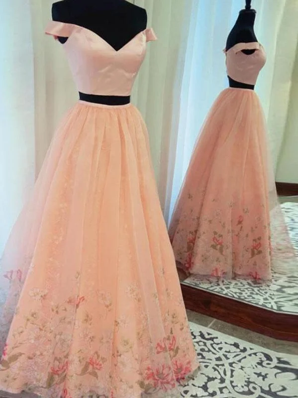 Reduced Prices blush pink off shoulder two pieces long tulle fluffy floral prom dress, PD5846 Reduced Prices blush pink off shoulder two pieces long tulle fluffy floral prom dress, PD5846