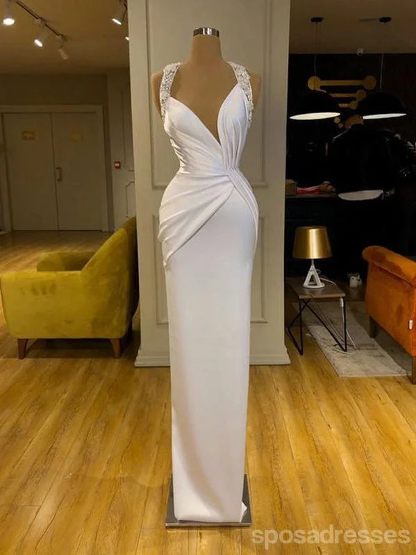 Online Only Unique White Sheath V-neck Cheap Long Prom Dresses Online,13012