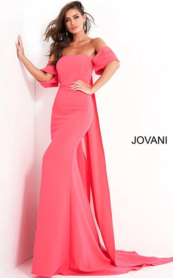 Flash Deals Jovani 04350 Off the shoulder crepe evening dress with cape train