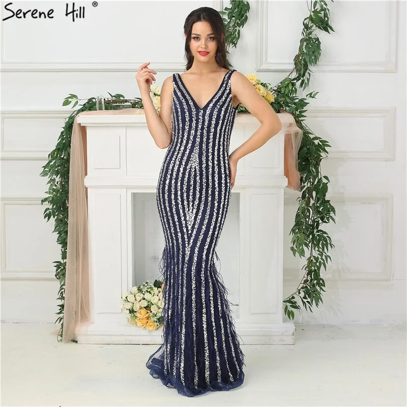 Price Rollback Sale Dubai Designer Luxury Blue Sexy Evening Dresses 2024 Deep-V Backless Diamond Beading Evening Gowns Real Photo LA6585