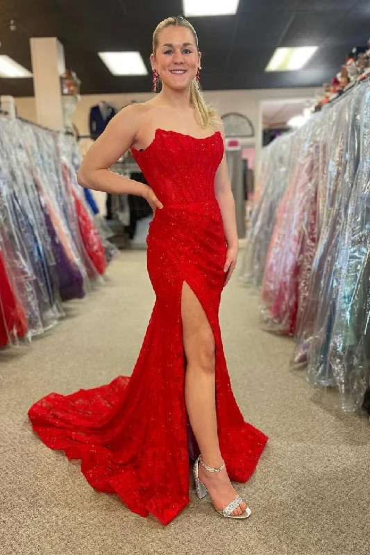 Discount Deals Red Mermaid Strapless Lace Long Prom Dresses with Slit
