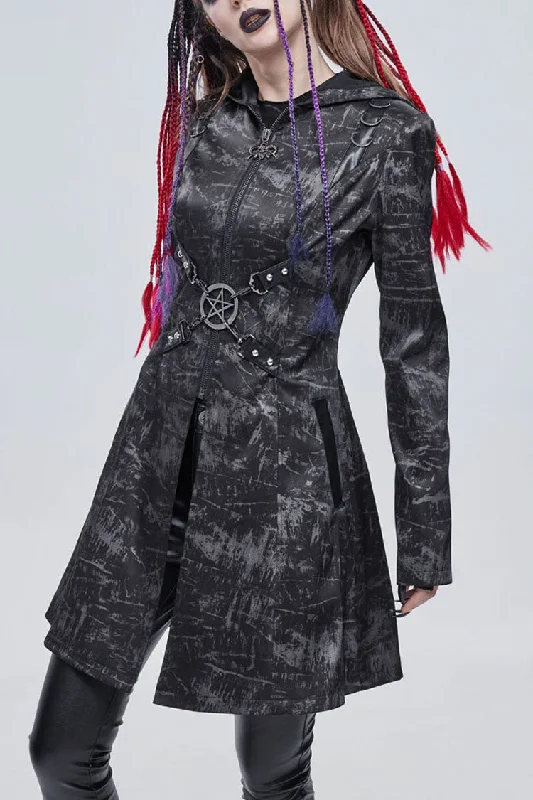 Limited Time Discount Gray Punk Pattern Pentagram Shape Design Metal D-Shaped Buckle Decoration Hooded Women's Coat Limited Time Discount Gray Punk Pattern Pentagram Shape Design Metal D-Shaped Buckle Decoration Hooded Women's Coat
