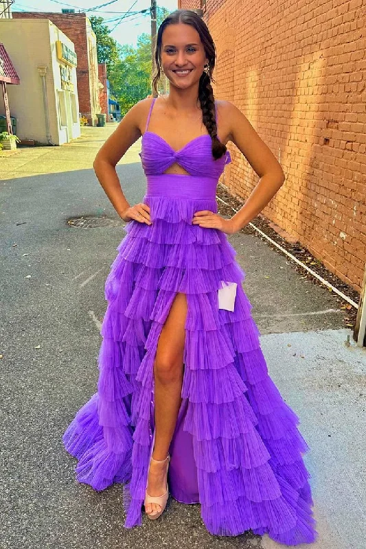 Final Clearance Purple Tulle Sweetheart Ruffle Tiered Long Prom Dresses