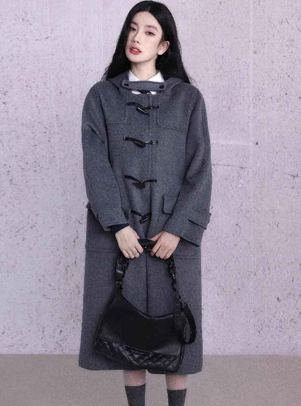 Extra Discounts Classic Charcoal Duffle Coat - Long Wool Toggle Coat with Hood