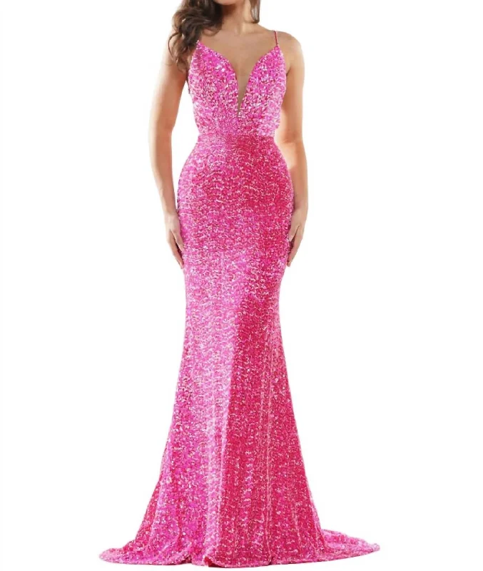 Stock Clearance Sequin Mermaid Prom Gown In Hot-Pink