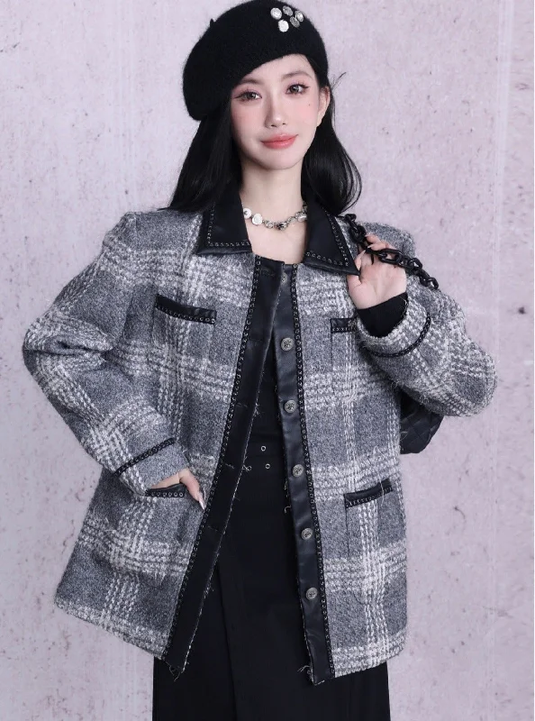 Major Savings Monochrome Plaid Wool-Blend Jacket: Contrast Collar Button-Front Coat with Multiple Pockets Major Savings Monochrome Plaid Wool-Blend Jacket: Contrast Collar Button-Front Coat with Multiple Pockets