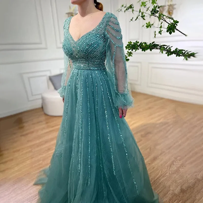 YEAR-End Sale Serene Hill Muslim Navy Blue A-Line Beaded Luxury Arabic Evening Dresses Gowns 2024 For Women Wedding Party LA71867