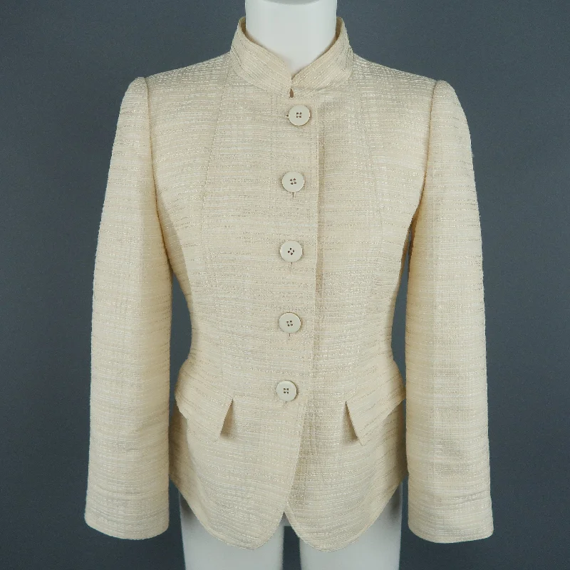 One-DAY Sale ARMANI COLLEZIONI Size 6 Cream Textured Cotton Blend Mandarin Collar Jacket