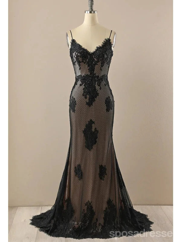 Weekend Special Black Mermaid Spaghetti Straps V-neck Cheap Long Prom Dresses,12994