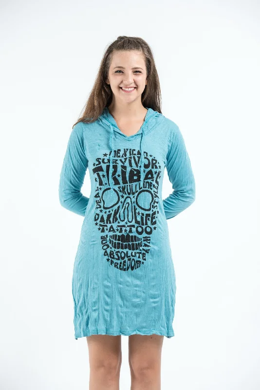 Bargain Bin Sure Design Women's Tribal Skull Hoodie Dress Turquoise