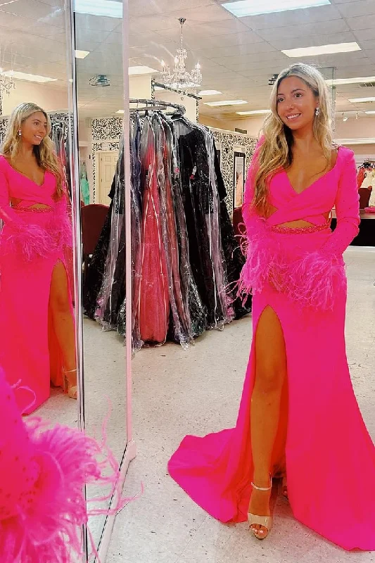 Incredible Offers Sparkly Hot Pink V - Neck Cut Out Long Feathered Beaded Prom Dress Incredible Offers Sparkly Hot Pink V - Neck Cut Out Long Feathered Beaded Prom Dress