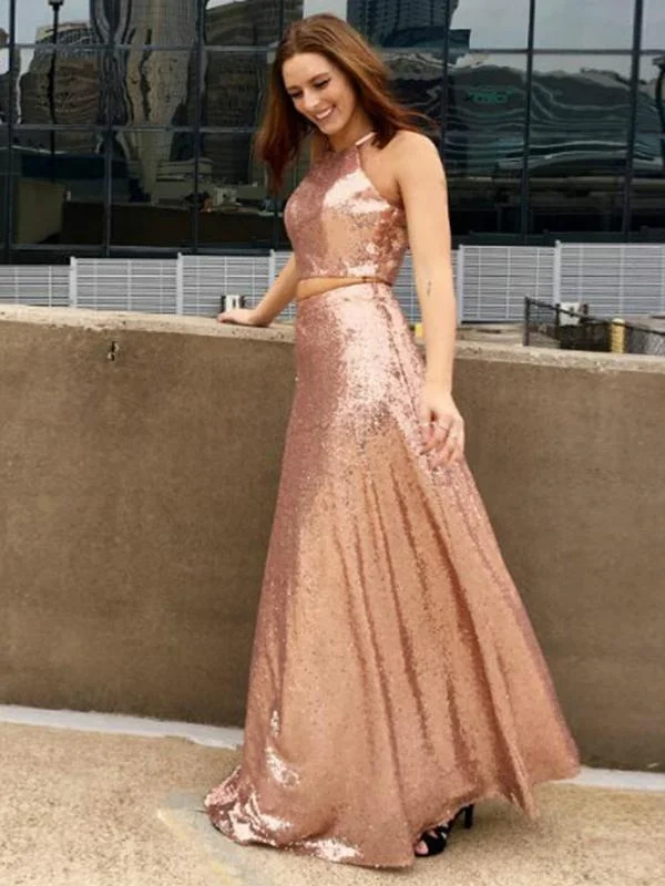 Don't Miss sparkle two pieces rose gold sequin long prom dress, PD12125