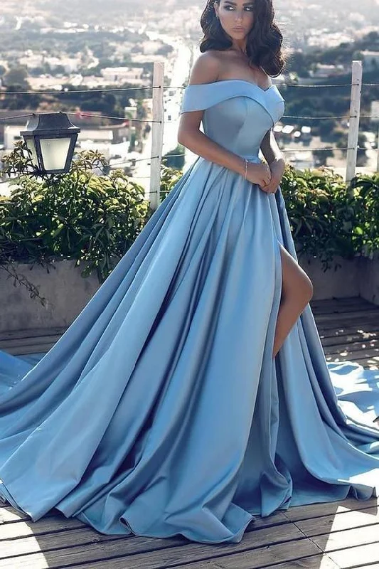 Online Only off shoulder elegant simple side slit long prom dress, CD01