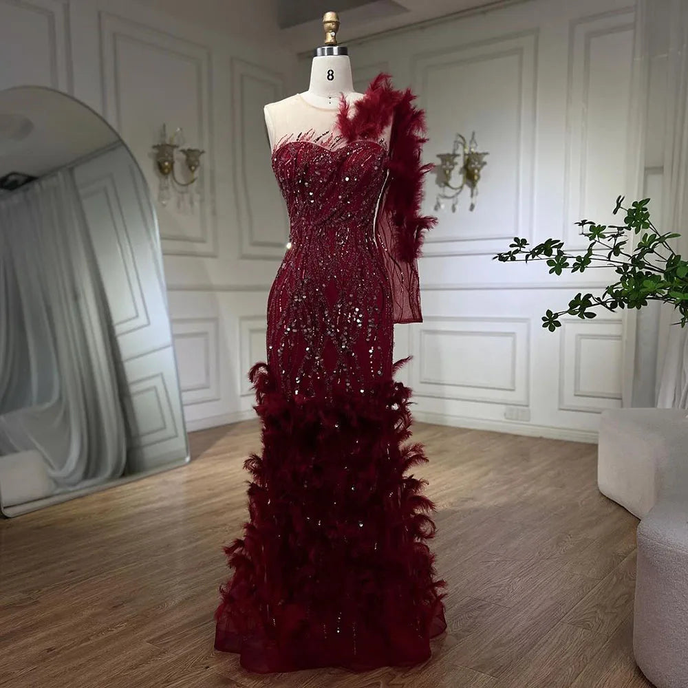 Unmissable Offer Serene Hill Arabic Wine Red Mermaid Luxury Evening Dresses Gowns Feathers Beading Elegant For Woman wedding Party 2024 LA71076 Unmissable Offer Serene Hill Arabic Wine Red Mermaid Luxury Evening Dresses Gowns Feathers Beading Elegant For Woman wedding Party 2024 LA71076
