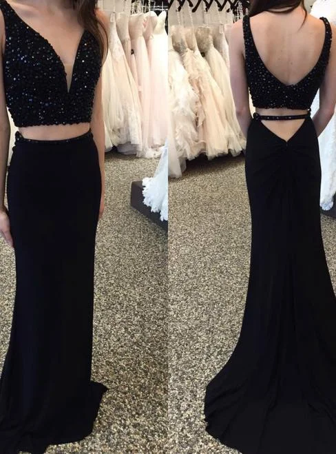 Must-Have Deals black two pieces v-neck beaded long prom dresses, PD0202