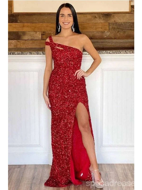 Closeout Red Mermaid One Shoulder High Slit Cheap Long Prom Dresses Online,12958