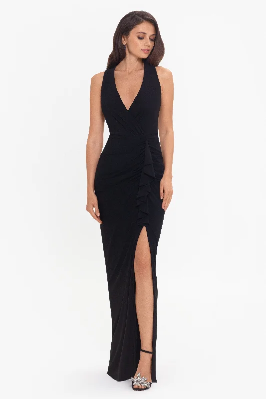 Deep Discounts "Bobbi" Ruffled V-Neck Gown