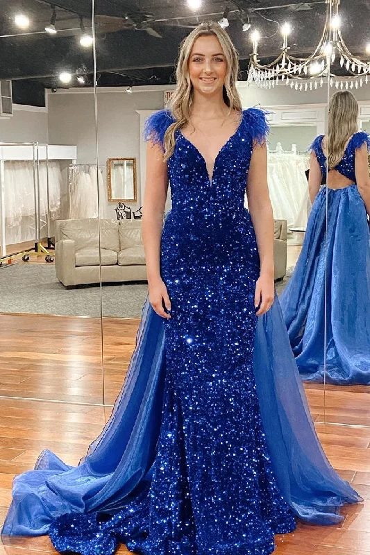 Great Bargains Sparkly Royal Blue Mermaid Cut Out Sequins Prom Dress with Feathers Great Bargains Sparkly Royal Blue Mermaid Cut Out Sequins Prom Dress with Feathers