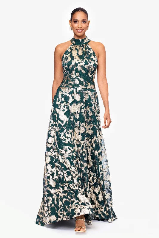 Limited Time Petite "Naomi" Long Metallic Crinkle High Halter Neck Floor Length Dress