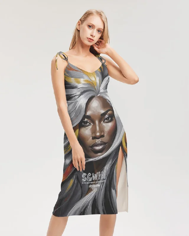 Blowout Deals Black Sister Collection [Part 1 ] Women's All-Over Print Tie Strap Split Dress