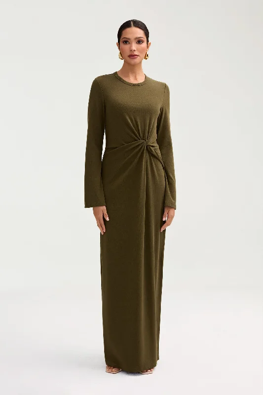 Time-Limited Offer Aissia Ribbed Twist Front Maxi Dress - Olive Night