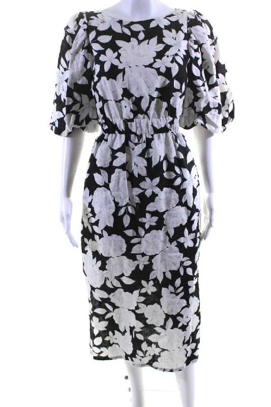 Unmissable Offer Cara Cara Womens Linen Floral Round Neck Puff Sleeve Maxi Dress Black